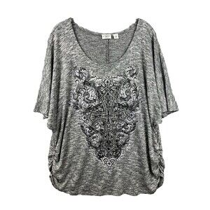 Cato Studded Cross Design Stretch T-Shirt Top Womens 22/24W Ruched Biker Tattoo